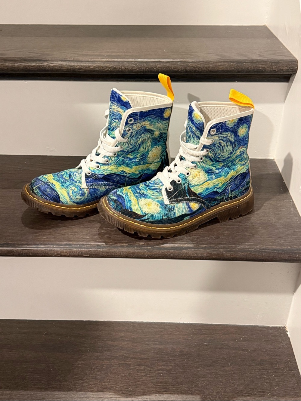 Starry Night Canvas Lace-Up Combat Boots - Blue & Yellow